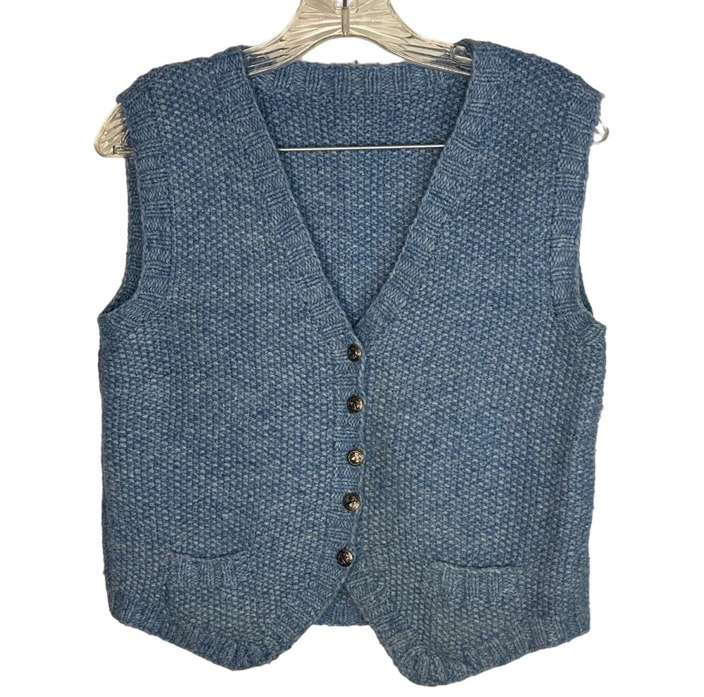 American Vintage 1980's Hand knit Blue vest coat of arms buttons size small